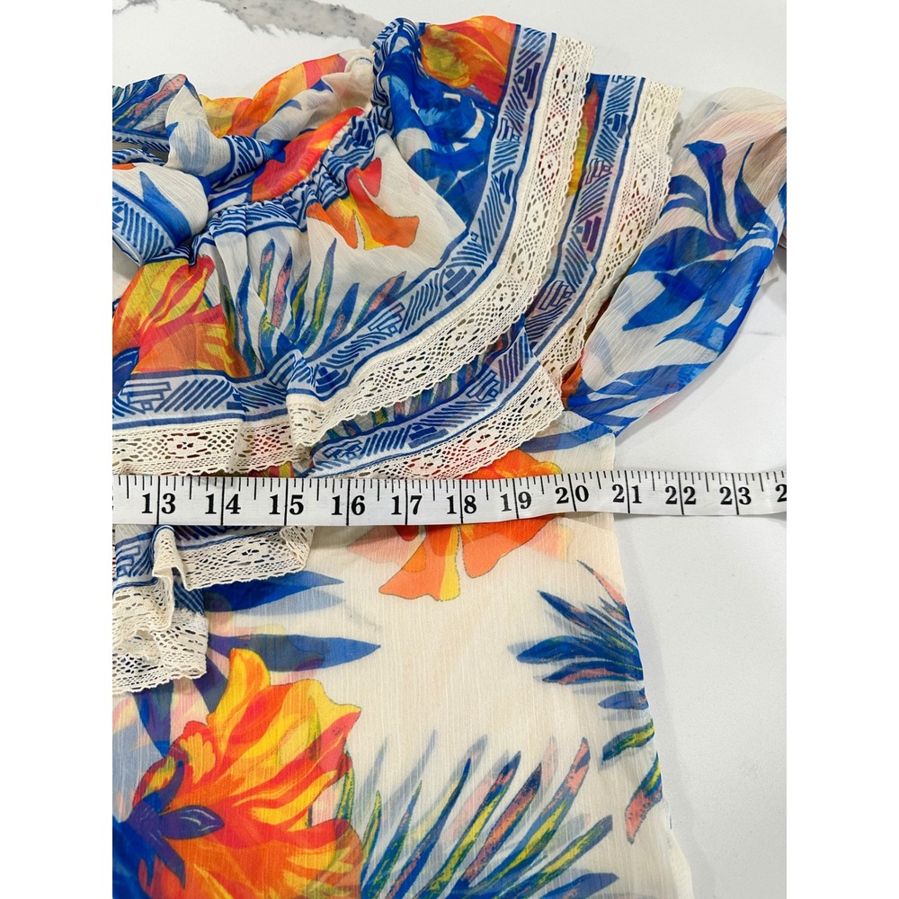 Champagne & Strawberry Ruffle Blouse‎ Floral Print Tie Neck Medium - Picture 5 of 6